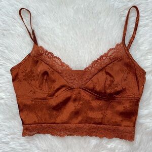 SHEIN orange floral tank top cropped women’s XS silky lace trim corset crop top